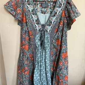 Anthropologie Green and Orange Patterned Top